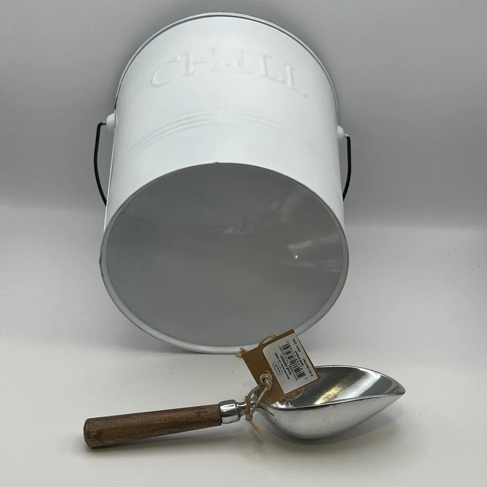 Mud Pie White Enamel Ice Bucket with Scoop Chill Farmhouse Barware 48060091 NEW